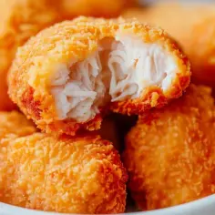 Chrupiące nuggetsy z airfryer, jeden rozpołowiony, ukazujący soczyste, białe mięso. Idealne na szybką przekąskę.