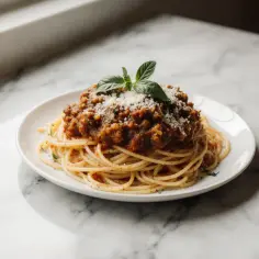 Pyszne spaghetti bolognese, idealne do wypróbowania z przepisami airfryer. Posypane parmezanem i udekorowane bazylią.