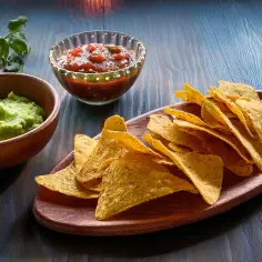 Chrupiące nachos z guacamole i salsą, idealne do przygotowania w airfryer.