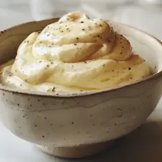 Kremowe aioli, doprawione pieprzem, w ceramicznej miseczce. Obok widać główkę czosnku.