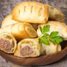 Stos pieczonego ciasta francuskiego z kiełbasą w środku, ozdobione natką pietruszki. Idealne na szybką przekąskę.