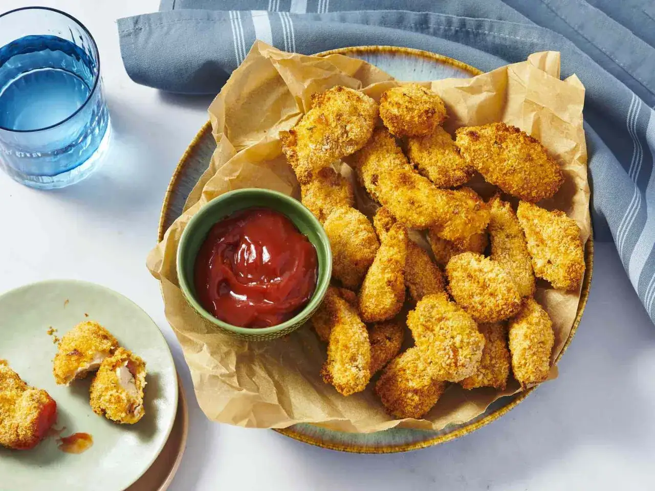 Chrupiące nuggetsy z airfryer na talerzu z ketchupem, gotowe do jedzenia.